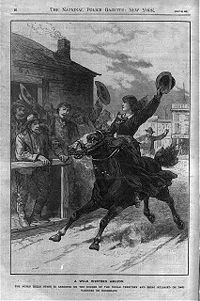 Wood engraving from The National Police Gazette. The caption reads, "A wild western amazon. The noted Belle Starr is arrested on the border of Indian Territory and being released on bail vanishes on horseback."