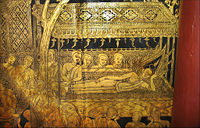 The Lacquer Pavillon: gold-on-lacquer wall painting showing the reclining Buddha