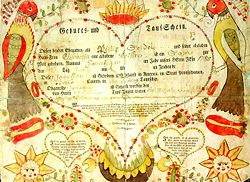 A 1788 example of a baptismal certificate Fraktur, a precursor to the Hex Sign.