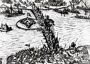 A depiction of Michael the Brave defeating the Turks at Giurgiu in October 1595, first published in 1596