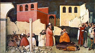 Sylvester I binds a dragon (left) and resurrects its victims (center)