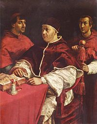 Pope Leo X with his cardinal-nephew Giulio de' Medici (left, future Pope Clement VII).