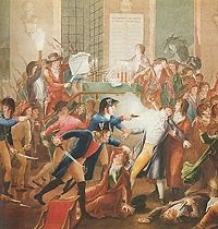 A nineteenth-century painting of the night of 9 Thermidor, espousing National Guardsman Merda's claim of having shot Robespierre. There is also the same picture without the gunsmoke, although no one can be sure which is most accurate.