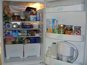 A household refrigerator with its door open.