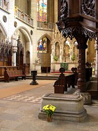 Luther's tombstone under the pulpit in the Castle Church in Wittenberg, Germany