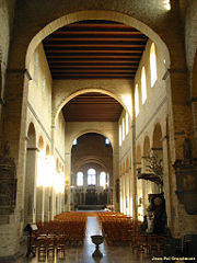The interior of St Gertrude, Nivelles, Belgium, has a king post roof.
