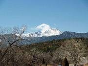 Pikes Peak seen from the Cathedral Valley of Garden of the Gods.