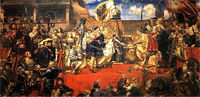 The Prussian Homage, Jan Matejko. Albert of Prussia receives Ducal Prussia as a fief from King Sigismund I the Old of Poland in 1525.