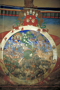 Fresco on a wall of the Bardan Gompa representing a Wheel of Life.