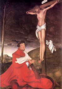In the Renaissance, crucifix show an optimistic figure of Christ with lowered eyes, not emphasizing his pain and suffering. Albrecht von Brandenburg by Lucas Cranach ca. C.E. 1520-25
