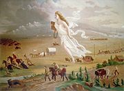 This painting (circa 1872) by John Gast called American Progress is an allegorical representation of Manifest Destiny. In the scene, an angelic woman (sometimes identified as Columbia, a nineteenth century personification of the United States) carries the light of "civilization" westward with American settlers, stringing telegraph wire as she travels. American Indians, buffaloes and wild animals are driven into the darkness before them. From the days of Alexander the Great through to the more recent imperial projects such as that of the British and Americans, imperialism has been depicted as bringing order and stability to chaotic, unstable lands and peoples.