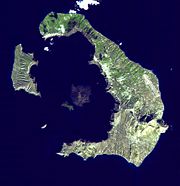 Satellite image of the islands of Santorini, one of many sites purported to have been the location of Atlantis