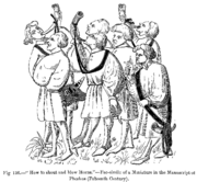 "How to shout and blow Horns." – Facsimile of a miniature in the Manuscript of Phoebus (fifteenth century)