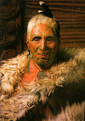 The feather cloak he wears is only worn by the noble class of warrior kings, the moko or facial tattoos told the story of his life, including his family heritage, his battles and his skills. The Green stone earrings and Tiki pendant are sources of power, authority and protection.