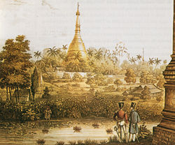 A British 1825 lithography of Shwedagon Pagoda, located in Yangon