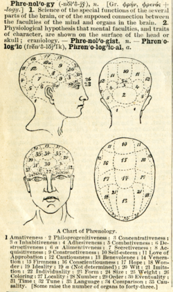 A definition of phrenology with chart from Webster's Academic Dictionary, circa 1895