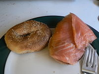 Bagels with cream cheese and lox (cured salmon) (colloquially known as lox and a schmear).