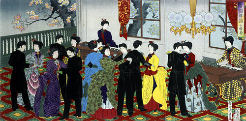 Ukiyoe by Chikanobu depicting dancing at the Rokumeikan
