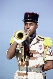 bugle instrument french marine bugler uniform kuwait celebrating 1991 operation ceremony desert storm success