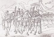 Theodatus, the rhetorician, shows Caesar the head of Pompey; etching, 1820 
