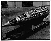 U.S. Honest John missile warhead cutaway, showing M139 Sarin bomblets (c. 1960).
