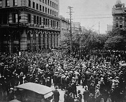 Crowd gathers outside old City Hall during the Winnipeg general strike in 1919.