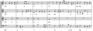 First bars of Missa L'Homme armeé by Johannes Ockaghem. L'Homme armeé–cantus firmus shown in red.