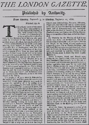The London Gazette front page from September 3–10, 1666, reporting on the Great Fire of London