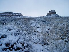 Fajada Butte in winter. An average of three or four snowstorms strike the canyon per year.