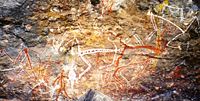 Aboriginal rock painting of Mimi spirits in the Anbangbang gallery at Nourlangie