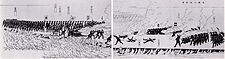 Battle scene at Toba-Fushimi. Shogunate forces are on the left, including battalions from Aizu. On the right are forces from Chōshū and Tosa. These are modernized battalions, but some of the forces were also traditional samurai (especially on the Shogunate side)