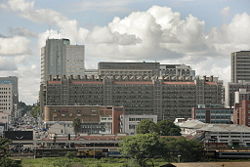 The pink-hued Eastgate Centre, with its distinctive chimneys.
