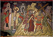 Icon of the Passion, detail showing (left) the Flagellation and (right) Ascent to Golgotha (fresco by Theophanes the Cretan, Stavronikita Monastery, Mount Athos).
