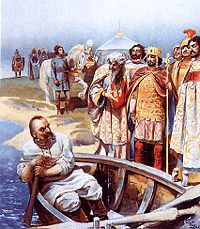 Sviatoslav's meeting with Emperor John by Klavdiy Lebedev, an attempt to visualise Leo the Deacon's description of Sviatoslav