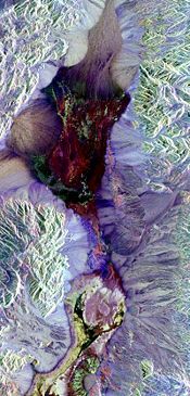 Synthetic aperture radar image of Death Valley colored using polarimetry.
