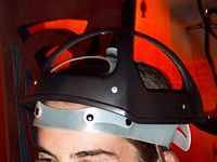 The inner mounting "cap" for the head-mounted display of Aladdin's Magic Carpet Ride at DisneyQuest. Users would don this cap and adjust it while waiting, and then snap the HMD onto the cap.
