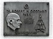 Bronze plaque in Auburn, Massachusetts marking the spot where Dr. Robert Goddard launched the first liquid-fueled rocket on March 16, 1926.