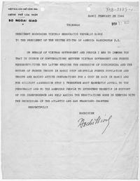 Telegram from Hồ Chí Minh to U.S. President Harry S. Truman requesting support for independence (Hanoi, Feb.28 1946).