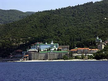 Aghiou Panteleimonos monastery traditional home of Russian monks was the main theater of the Imiaslavie dogmatic controversy during the early twentieth century.