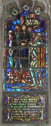 Stained glass window depicting martyrdom of Archbishop Cranmer and others - Christ Church (Episcopal), Little Rock, Arkansas, U.S.A.