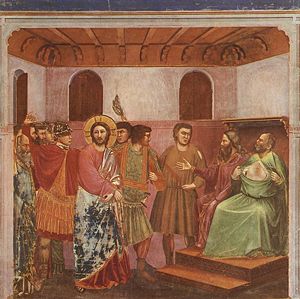 Caiaphas tears his clothes upon hearing Jesus admit that he is the Messiah.