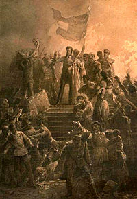 Artist Mihály Zichy's rendition of Sándor Petőfi reciting the Nemzeti dal to a crowd on March 15, 1848.