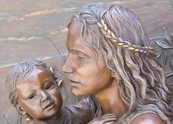 Faces of mother and child; detail of sculpture at Soldier Field, Chicago, Illinois, U.S.