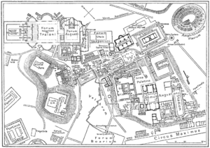 A map of central Rome during the Roman Empire, with the Colosseum at the upper-right corner.
