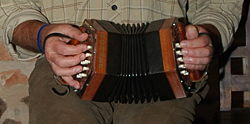 A concertina, a hand-held bellows driven reed instrument used in many polka ensembles in Europe and the U.S.