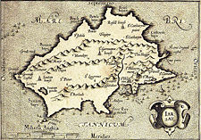 This map of Jersey, published in 1639, shows interior details such as Le Mont ès Pendus (the gallows hill, now called Westmount), although the coastline is wildly inaccurate.