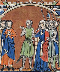 Abner (center) separates Michal from her second husband Paltiel and brings her back to David.