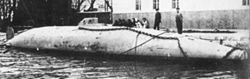The torpedo armed Peral submarine in 1888; Its hull can be seen today at Cartagena, Spain