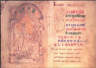Harthacanute, pictured standing to the right of his mother, Emma of Normandy (sitting) and his half-brother and successor, Edward the Confessor (kneeling) in the Encomium Emmae.
