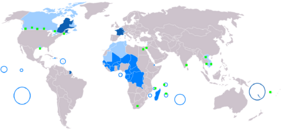 France's legacy: a map of the Francophone world ██ native language ██ administrative language ██ secondary or non-official language ██ francophone minorities